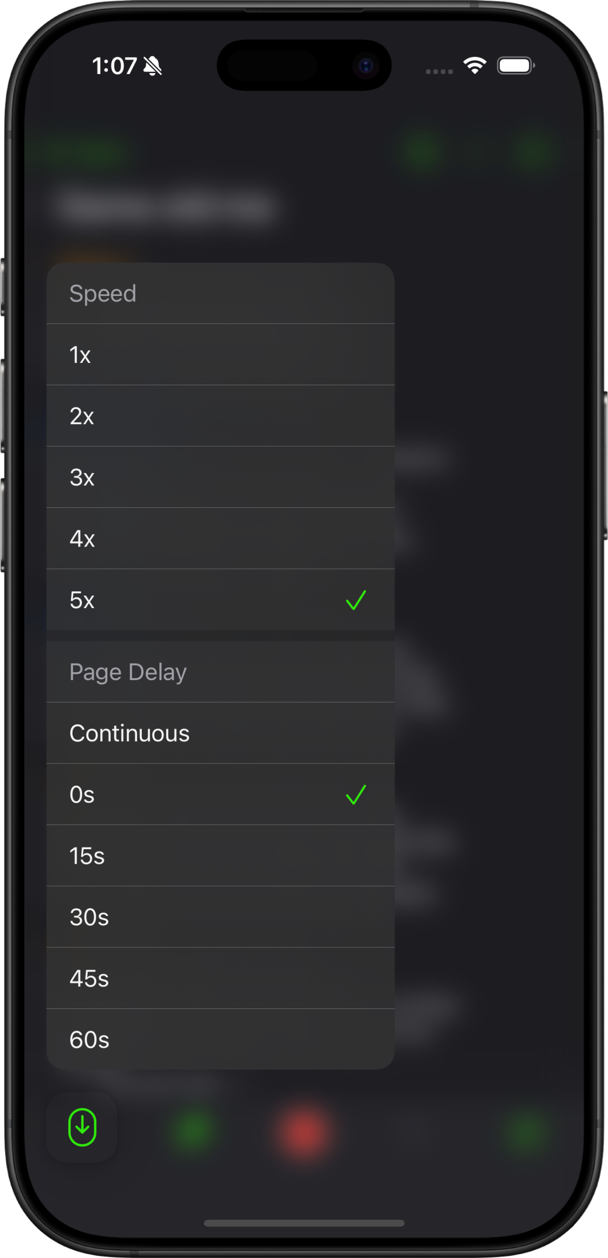 Screenshot demonstrating the Auto Scroll menu to set how you want to scroll through long lyrics in the Spit Notes songwriter app.