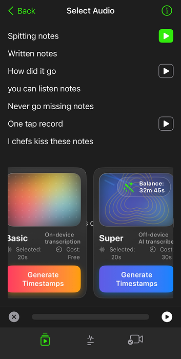 A screenshot showing the 'Basic Transcribe' and 'Super Transcribe' options in the Spit Notes app.