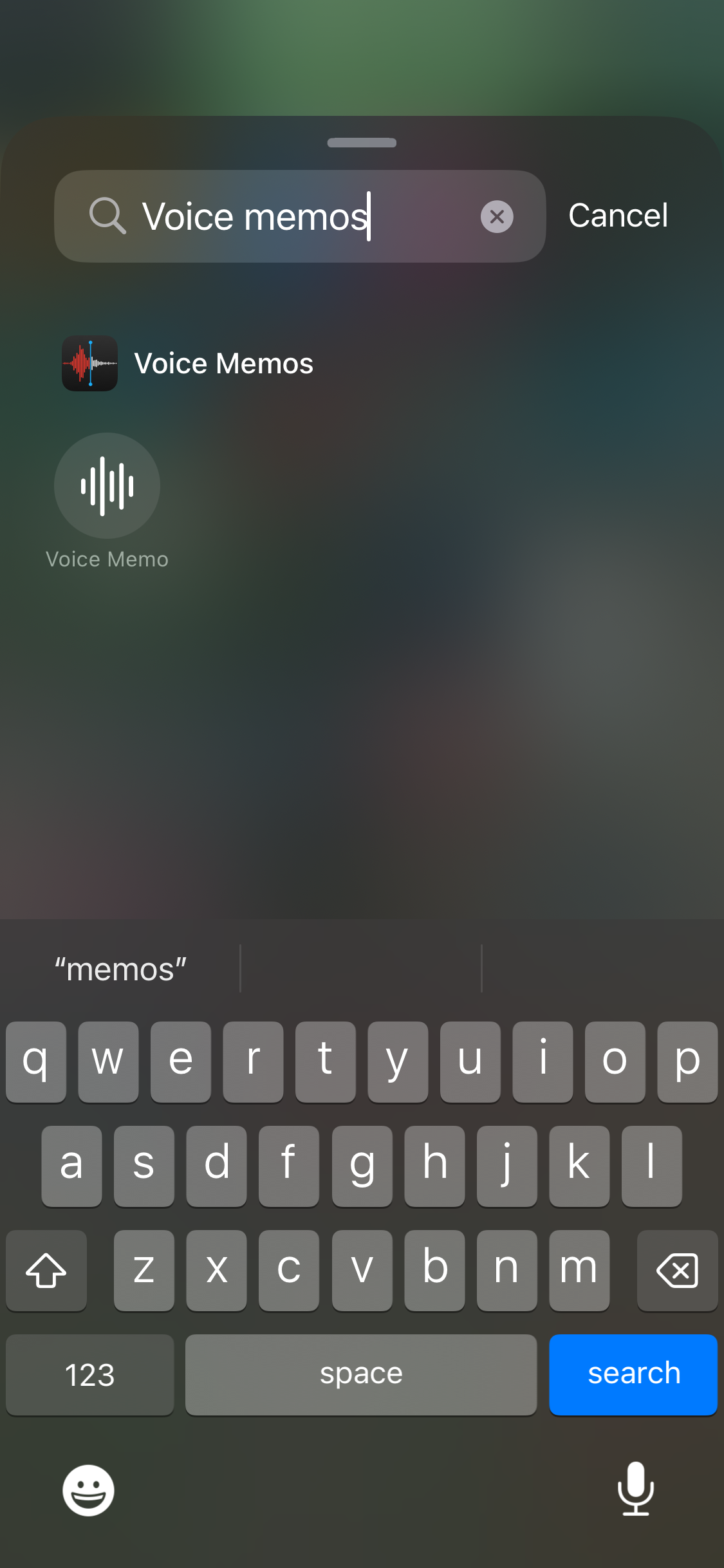 iPhone Control Center edit screen with Voice Memos shown in the button search results.