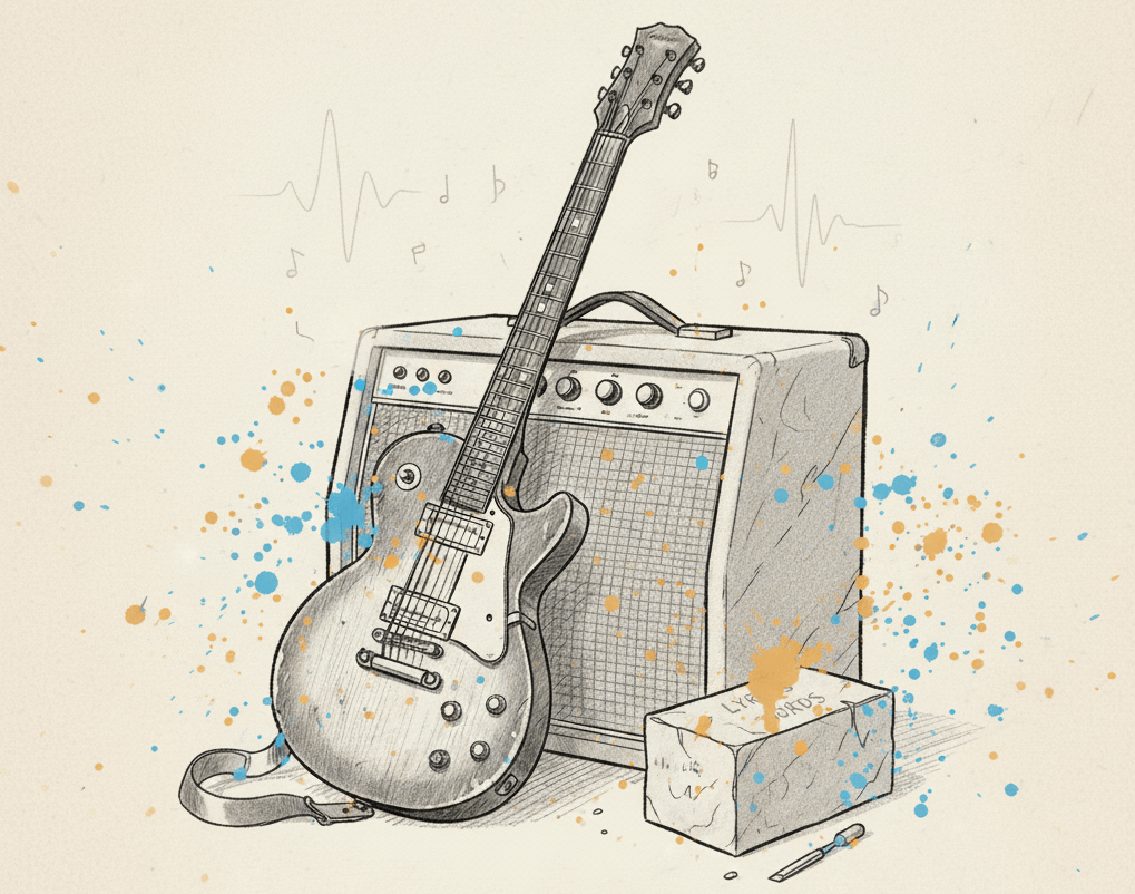 A vintage electric guitar leaning against an amplifier, representing the music-first approach to songwriting.