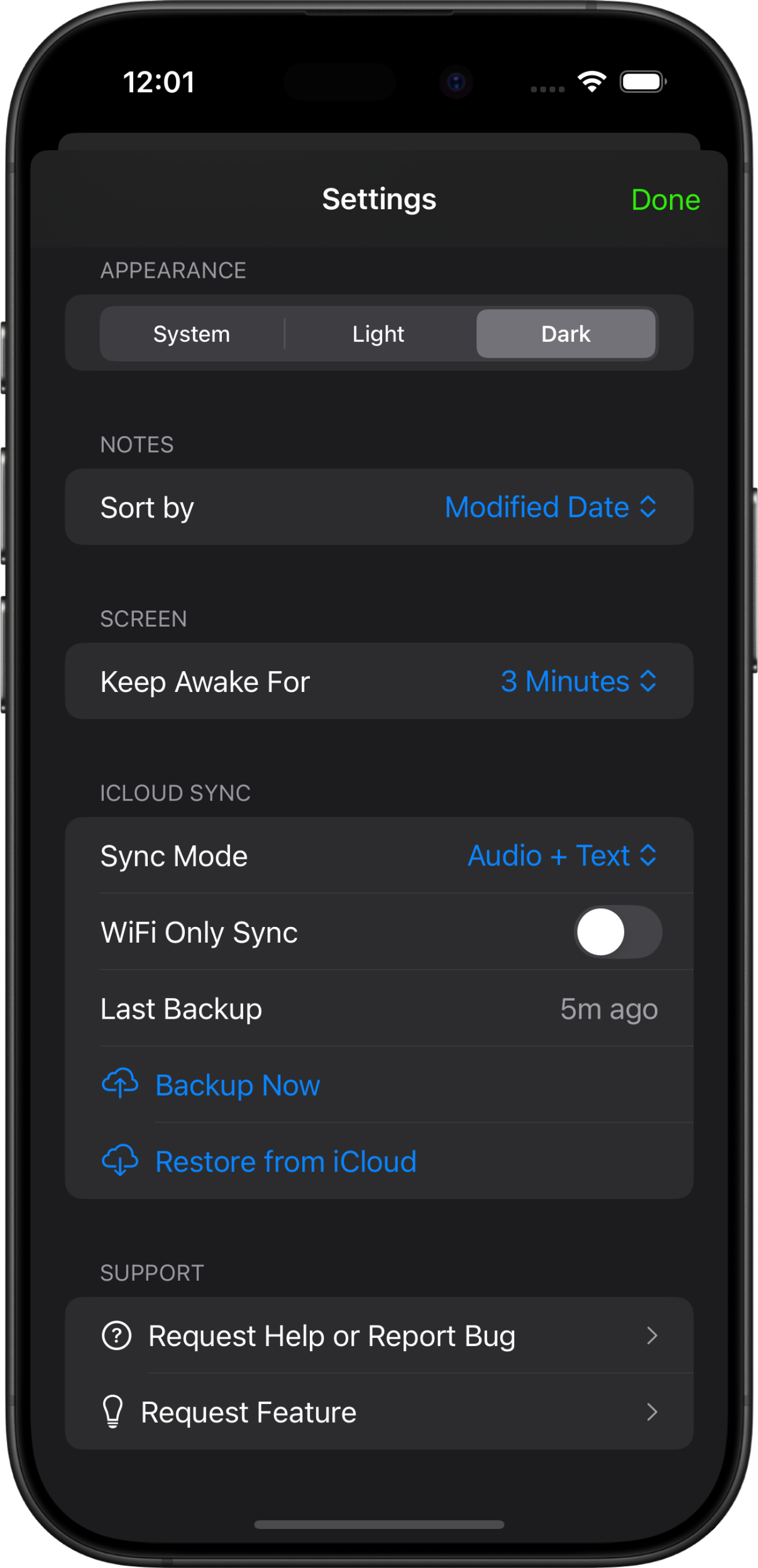 Screenshot of the Spit Notes app interface showing where to enable the Keep Awake timer feature.