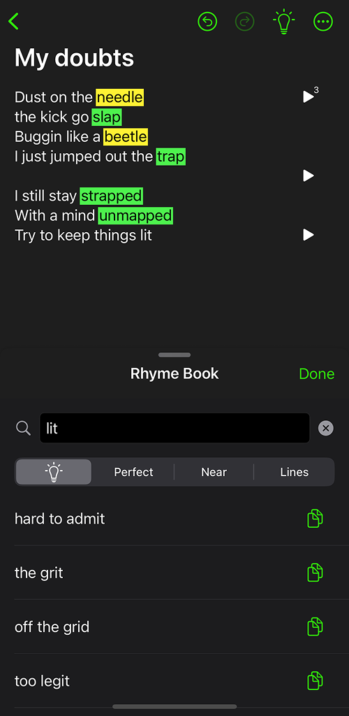 AI-powered rhyme dictionary showing rhyme suggestions